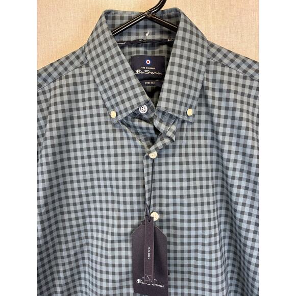 NWT Ben Sherman Men’s button-up Medium blue/green and gray check stretch - Picture 7 of 7